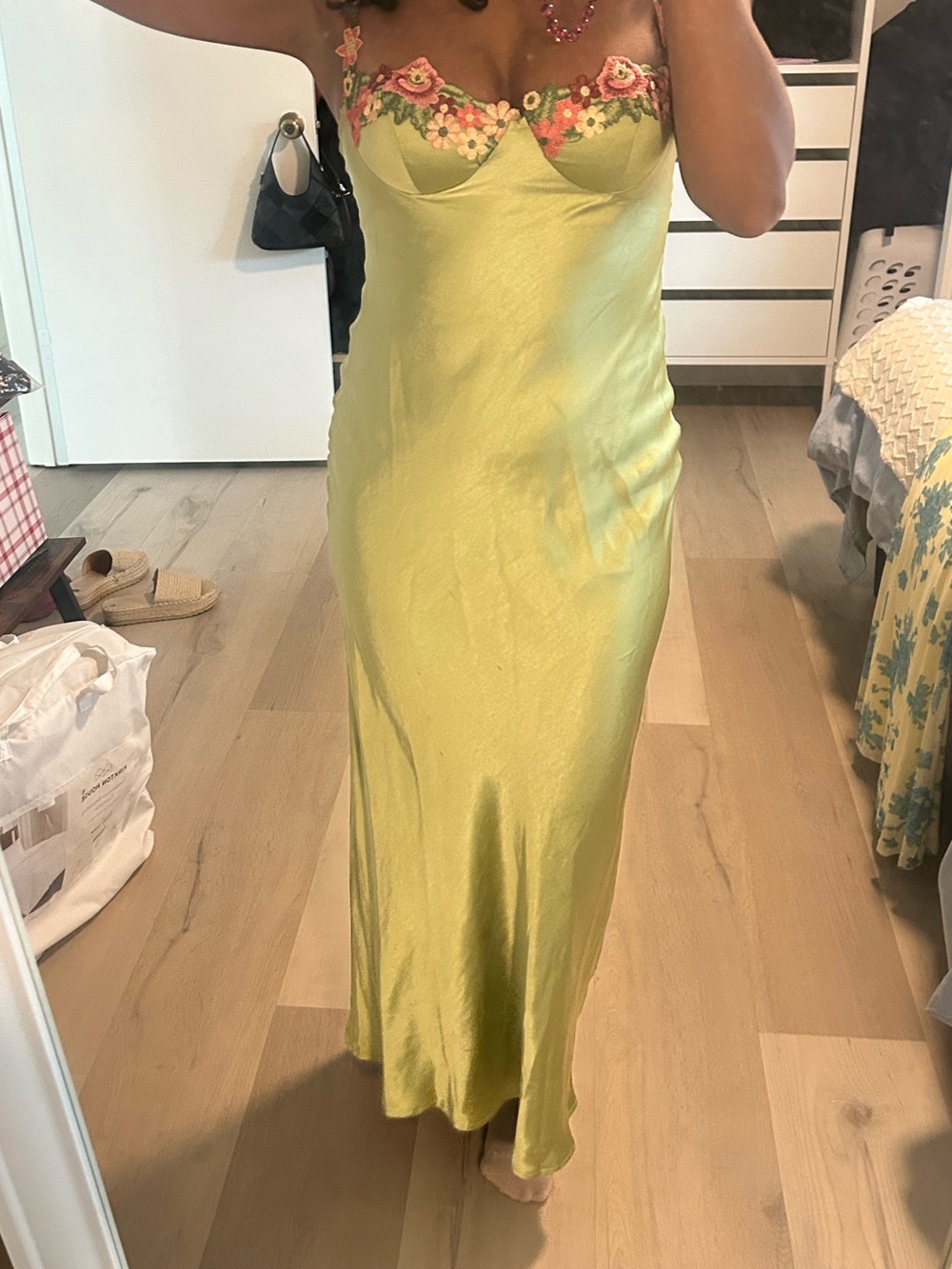 Angel Biba Lime Green Satin Maxi Slip Dress with Pink Floral Trim
